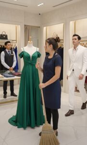 El vendedor me humilló por mi uniforme de limpieza, sin imaginar que el vestido esmeralda y la boutique entera eran míos 3 image